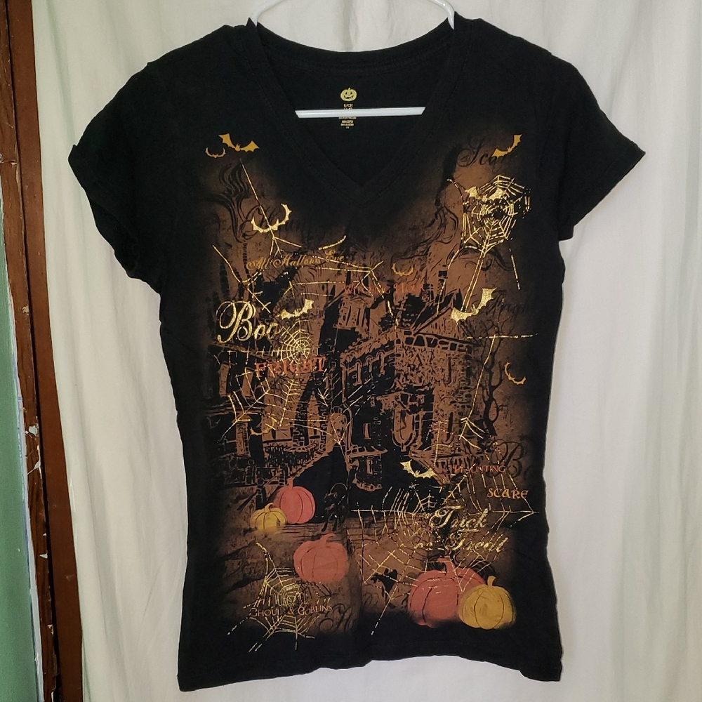 Vintage Y2k Sparkly Metallic Halloween Haunted House Pumpkins T Shirt